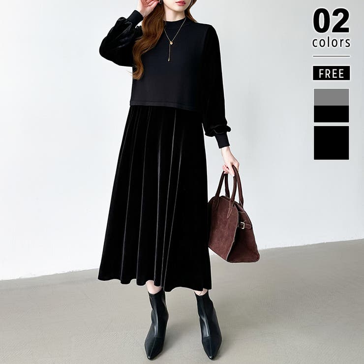 ブラック | ベロアワンピース ドッキングワンピース オフィスカジュアル | COCOMOMO