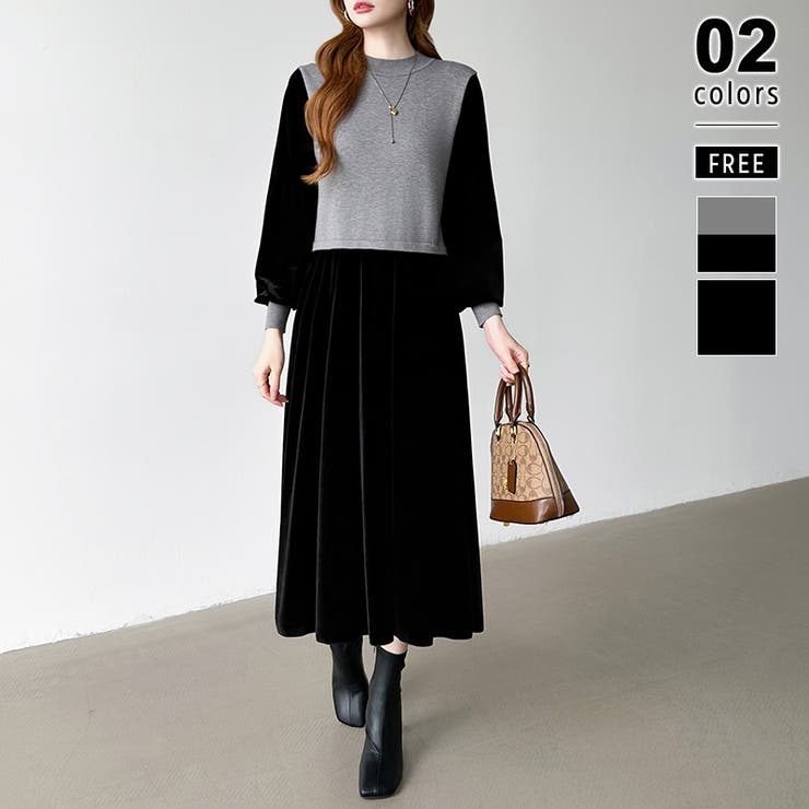 グレー | ベロアワンピース ドッキングワンピース オフィスカジュアル | COCOMOMO