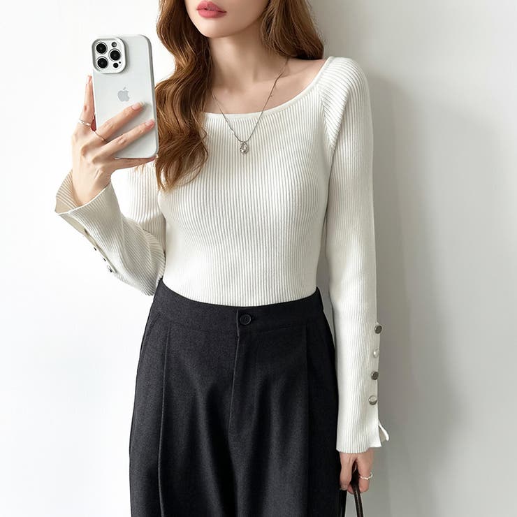 トレンドも兼ね備えたキレカジニット 袖ボタンニット リブニット | COCOMOMO | 詳細画像17 