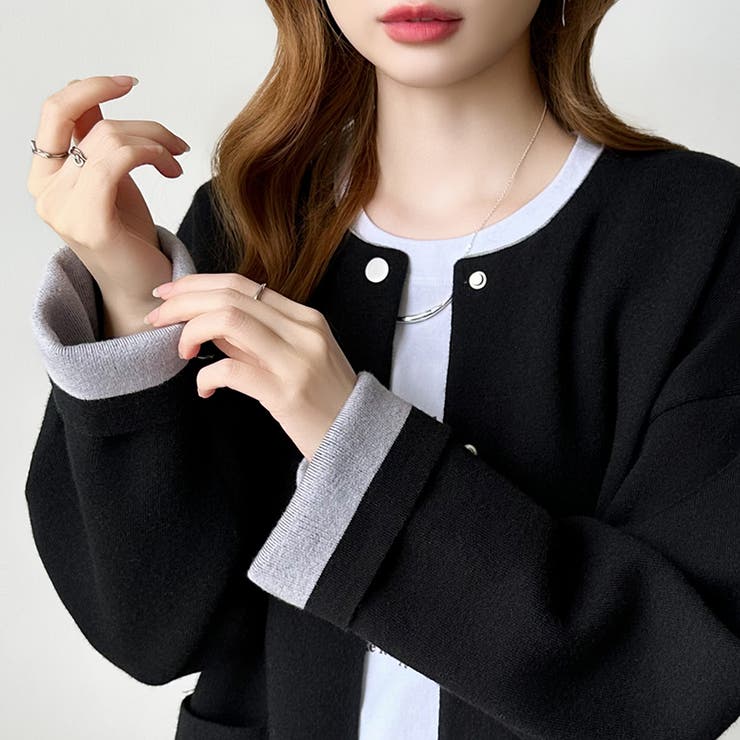 裏配色カーディガン 配色カーディガン ニットカーディガン | COCOMOMO | 詳細画像15 