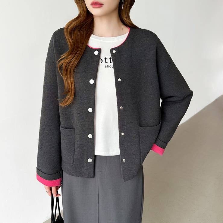 裏配色カーディガン 配色カーディガン ニットカーディガン | COCOMOMO | 詳細画像2 