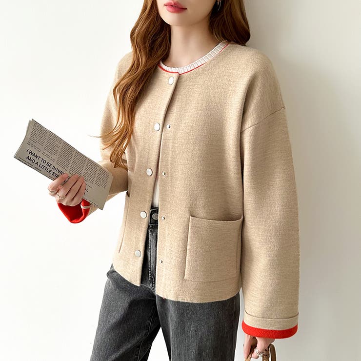 裏配色カーディガン 配色カーディガン ニットカーディガン | COCOMOMO | 詳細画像27 