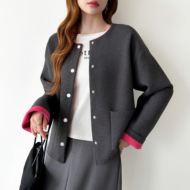 裏配色カーディガン 配色カーディガン ニットカーディガン | COCOMOMO | 詳細画像3 