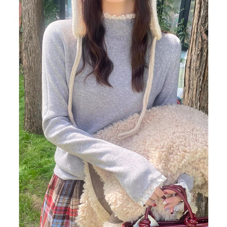 チラ見えレースで上品に。レースニット レイヤード風 ニット | COCOMOMO | 詳細画像12 