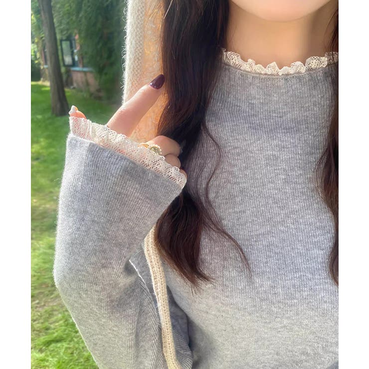 チラ見えレースで上品に。レースニット レイヤード風 ニット | COCOMOMO | 詳細画像13 