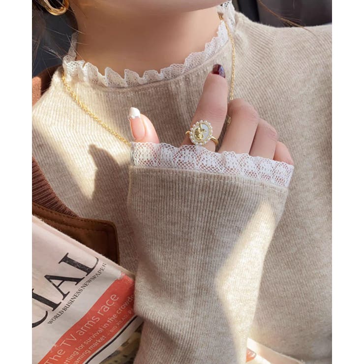 チラ見えレースで上品に。レースニット レイヤード風 ニット | COCOMOMO | 詳細画像15 