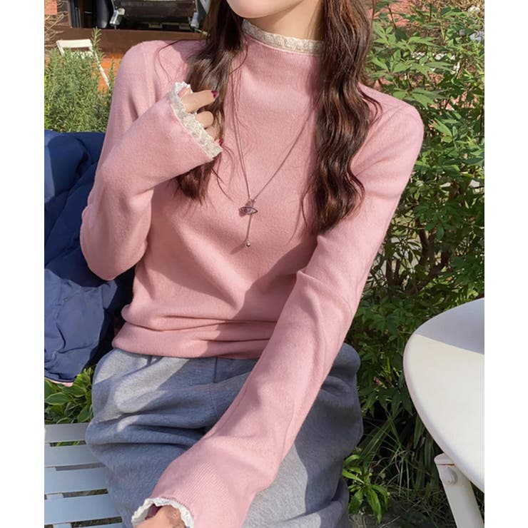 チラ見えレースで上品に。レースニット レイヤード風 ニット | COCOMOMO | 詳細画像17 