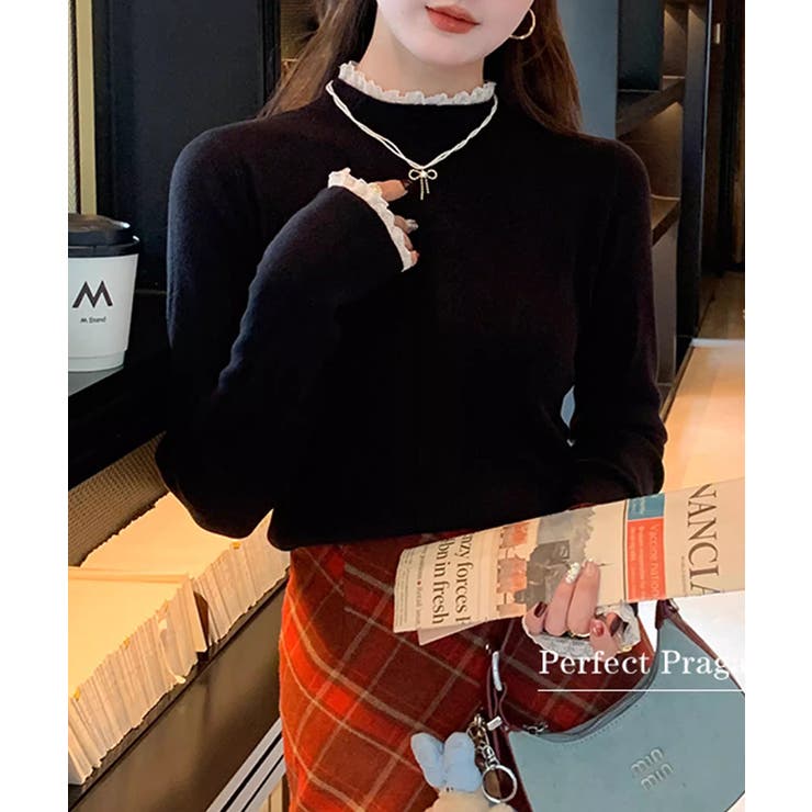 チラ見えレースで上品に。レースニット レイヤード風 ニット | COCOMOMO | 詳細画像19 