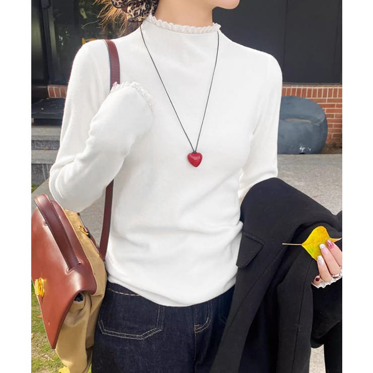 チラ見えレースで上品に。レースニット レイヤード風 ニット | COCOMOMO | 詳細画像2 