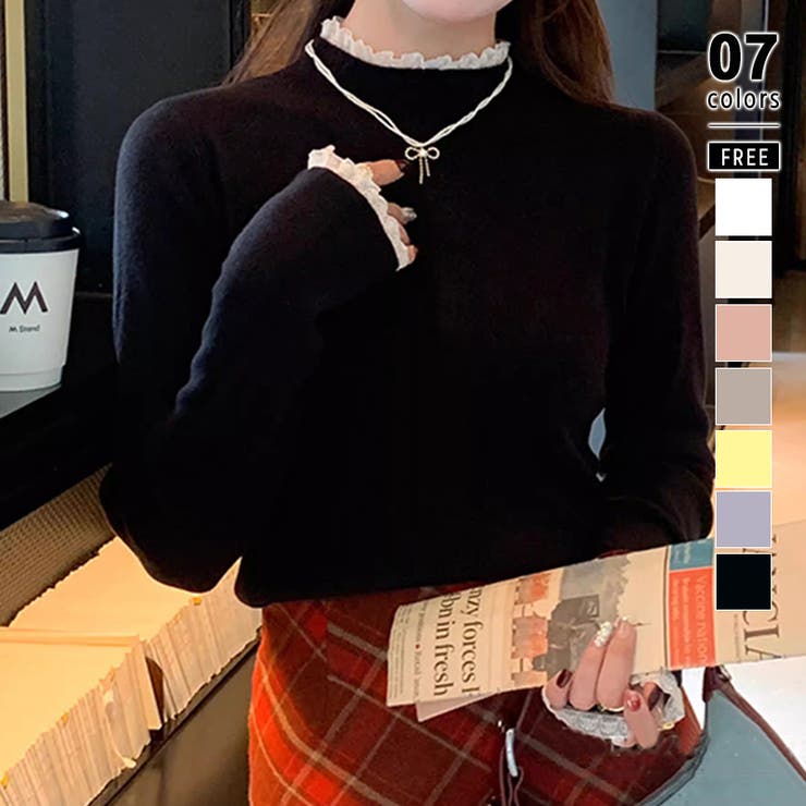 ブラック | チラ見えレースで上品に。レースニット レイヤード風 ニット | COCOMOMO