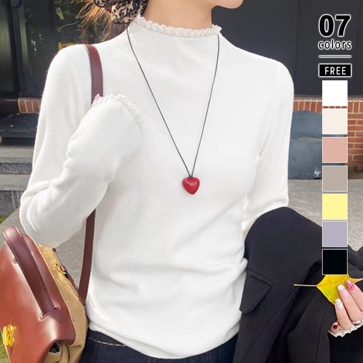 ホワイト | チラ見えレースで上品に。レースニット レイヤード風 ニット | COCOMOMO