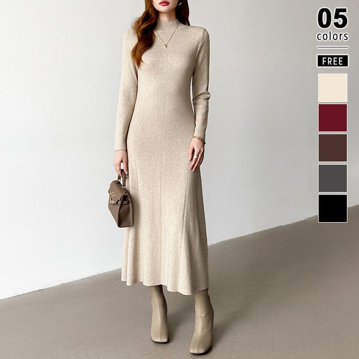 杢ベージュ | きれいめカジュアルワンピース ニットワンピース フレアワンピース | COCOMOMO