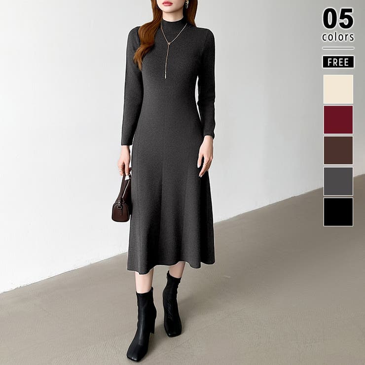 ダークグレー | きれいめカジュアルワンピース ニットワンピース フレアワンピース | COCOMOMO