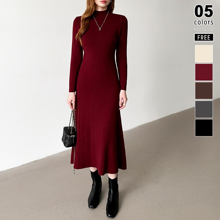 レッド | きれいめカジュアルワンピース ニットワンピース フレアワンピース | COCOMOMO