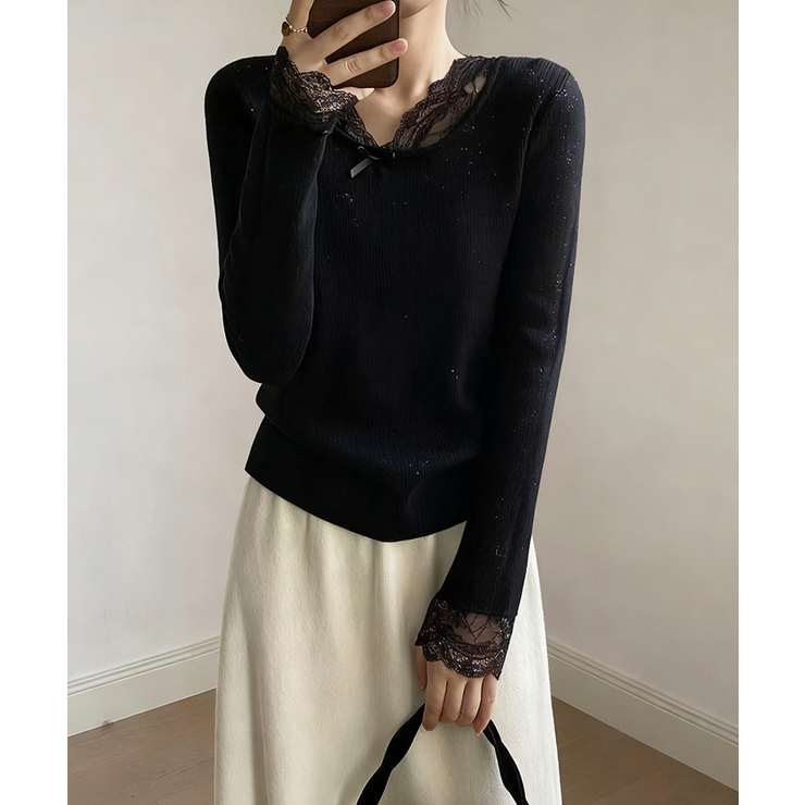 裏起毛ラメレースニット レースニット リブニット | COCOMOMO | 詳細画像10 