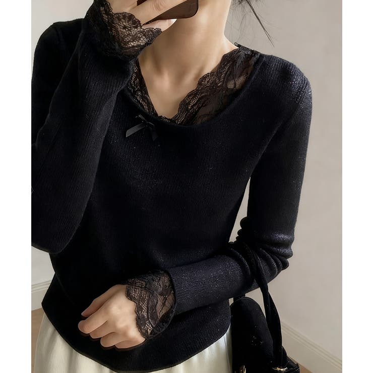 裏起毛ラメレースニット レースニット リブニット | COCOMOMO | 詳細画像11 