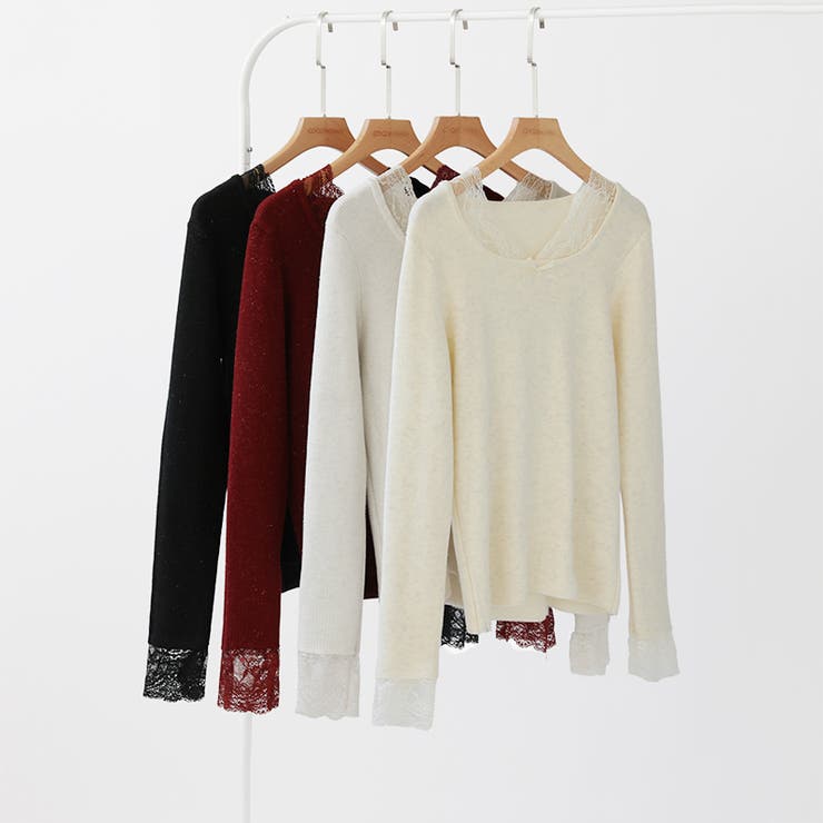 裏起毛ラメレースニット レースニット リブニット | COCOMOMO | 詳細画像12 