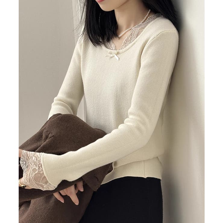 裏起毛ラメレースニット レースニット リブニット | COCOMOMO | 詳細画像2 