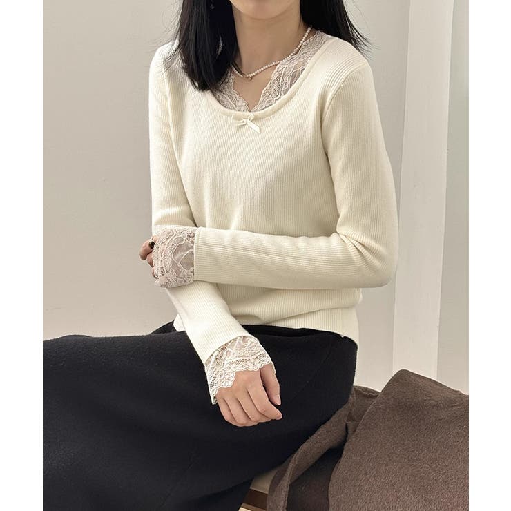 裏起毛ラメレースニット レースニット リブニット | COCOMOMO | 詳細画像3 