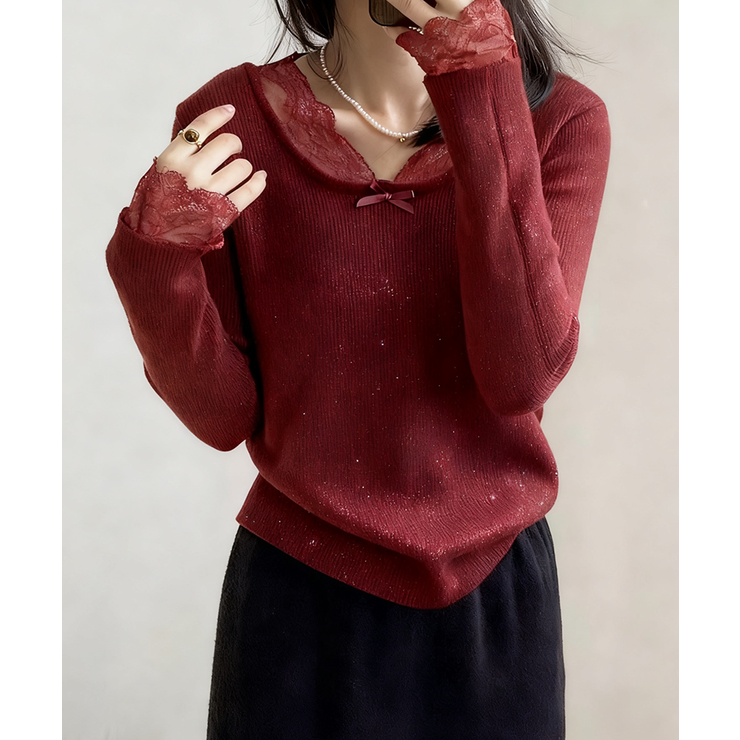 裏起毛ラメレースニット レースニット リブニット | COCOMOMO | 詳細画像6 