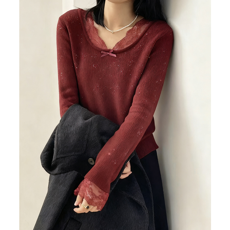 裏起毛ラメレースニット レースニット リブニット | COCOMOMO | 詳細画像7 