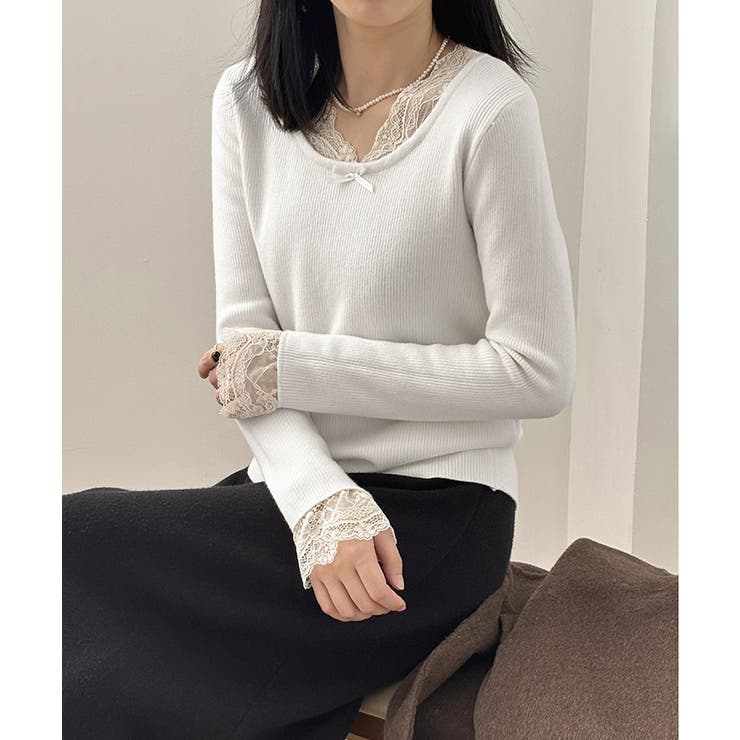 裏起毛ラメレースニット レースニット リブニット | COCOMOMO | 詳細画像8 