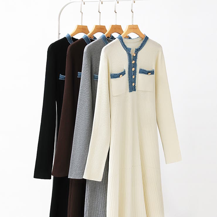 デニム切り替えニットワンピース デニムドッキング ワンピース | COCOMOMO | 詳細画像42 