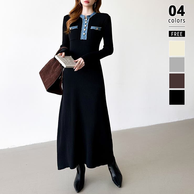 ブラック | デニム切り替えニットワンピース デニムドッキング ワンピース | COCOMOMO