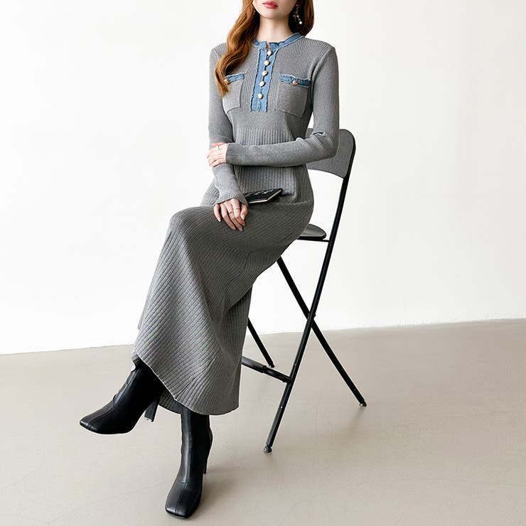 デニム切り替えニットワンピース デニムドッキング ワンピース | COCOMOMO | 詳細画像20 