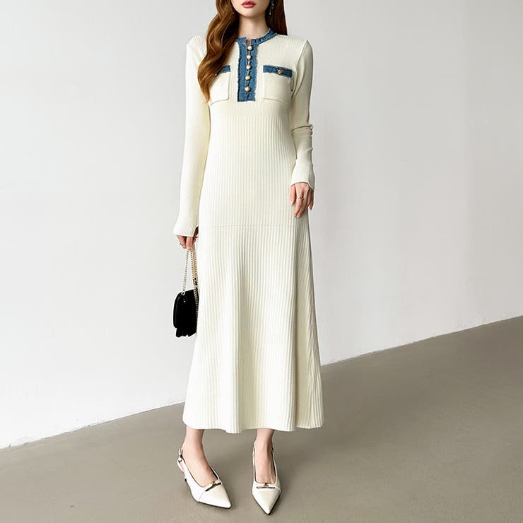 デニム切り替えニットワンピース デニムドッキング ワンピース | COCOMOMO | 詳細画像33 