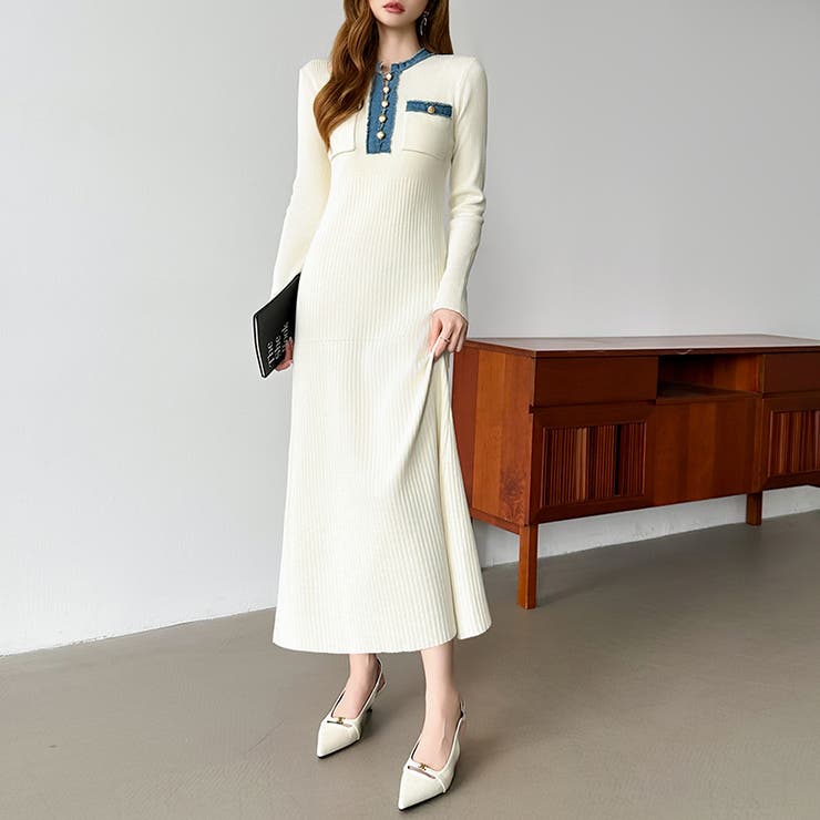 デニム切り替えニットワンピース デニムドッキング ワンピース | COCOMOMO | 詳細画像41 