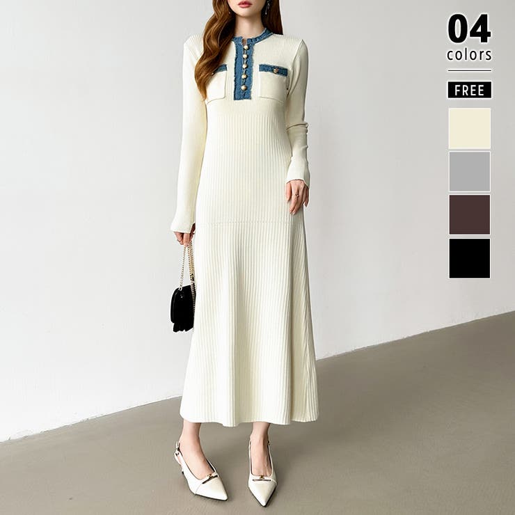 アイボリー | デニム切り替えニットワンピース デニムドッキング ワンピース | COCOMOMO