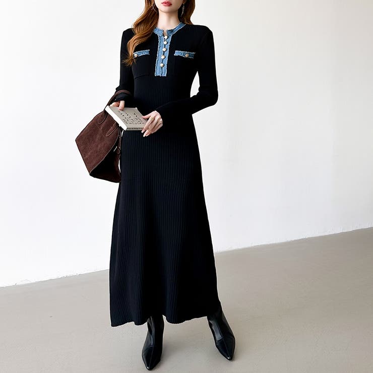 デニム切り替えニットワンピース デニムドッキング ワンピース | COCOMOMO | 詳細画像23 