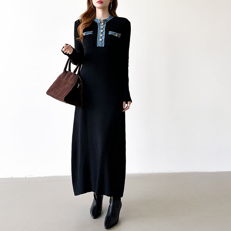 デニム切り替えニットワンピース デニムドッキング ワンピース | COCOMOMO | 詳細画像24 