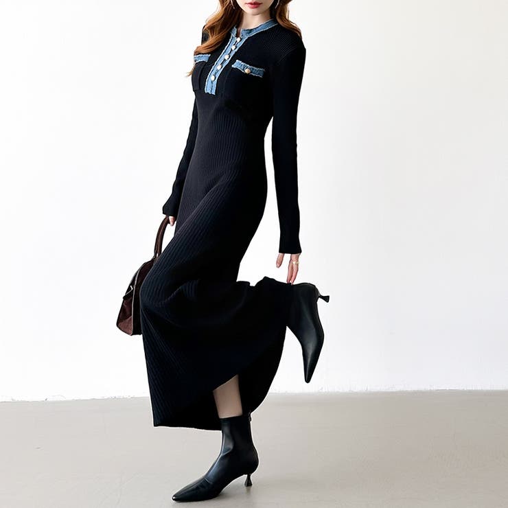 デニム切り替えニットワンピース デニムドッキング ワンピース | COCOMOMO | 詳細画像27 