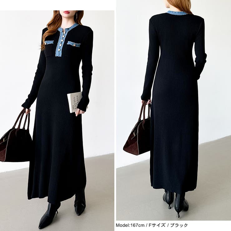 デニム切り替えニットワンピース デニムドッキング ワンピース | COCOMOMO | 詳細画像29 