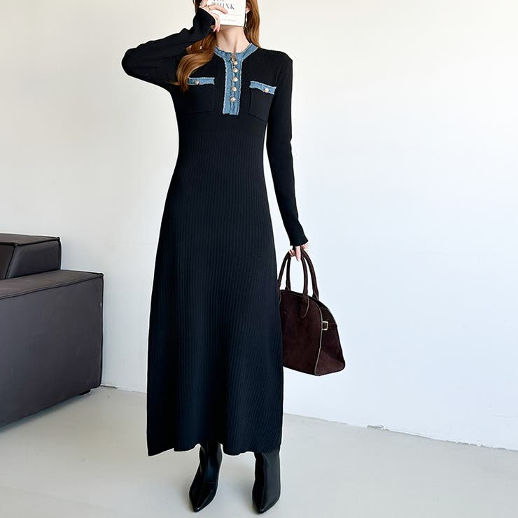 デニム切り替えニットワンピース デニムドッキング ワンピース | COCOMOMO | 詳細画像31 