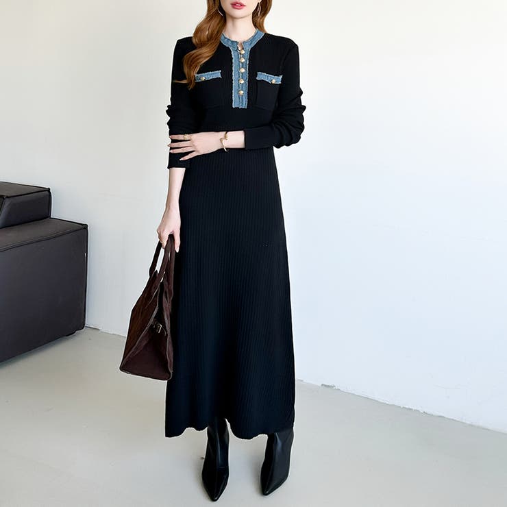 デニム切り替えニットワンピース デニムドッキング ワンピース | COCOMOMO | 詳細画像32 