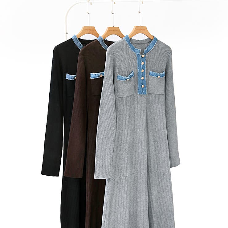 デニム切り替えニットワンピース デニムドッキング ワンピース | COCOMOMO | 詳細画像33 