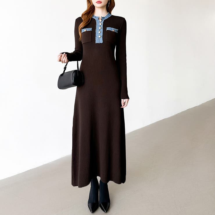 デニム切り替えニットワンピース デニムドッキング ワンピース | COCOMOMO | 詳細画像2 