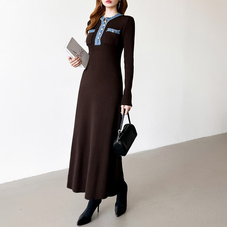 デニム切り替えニットワンピース デニムドッキング ワンピース | COCOMOMO | 詳細画像3 