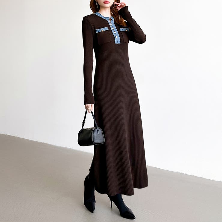 デニム切り替えニットワンピース デニムドッキング ワンピース | COCOMOMO | 詳細画像4 