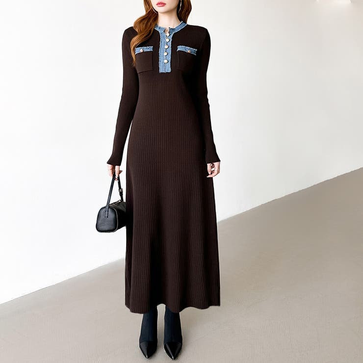 デニム切り替えニットワンピース デニムドッキング ワンピース | COCOMOMO | 詳細画像5 