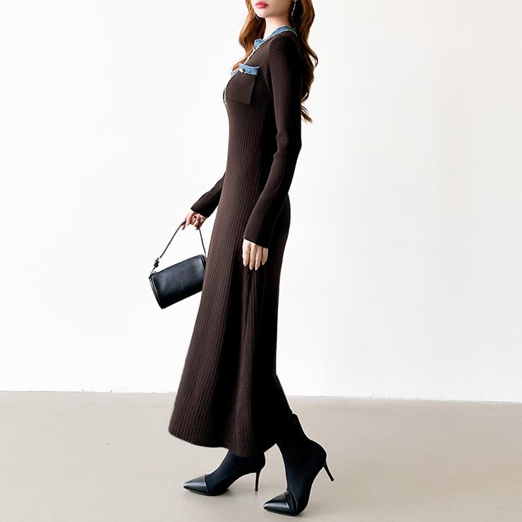 デニム切り替えニットワンピース デニムドッキング ワンピース | COCOMOMO | 詳細画像6 