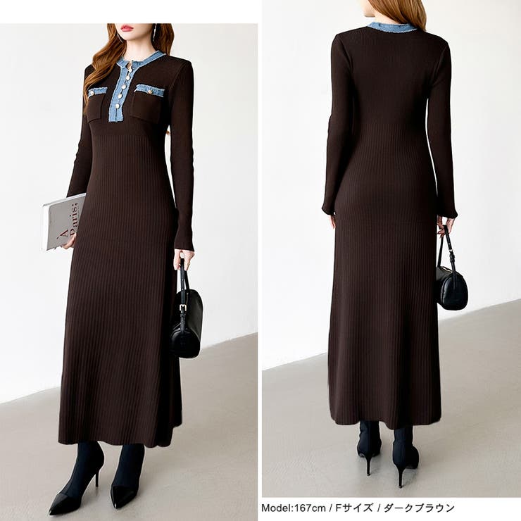 デニム切り替えニットワンピース デニムドッキング ワンピース | COCOMOMO | 詳細画像8 