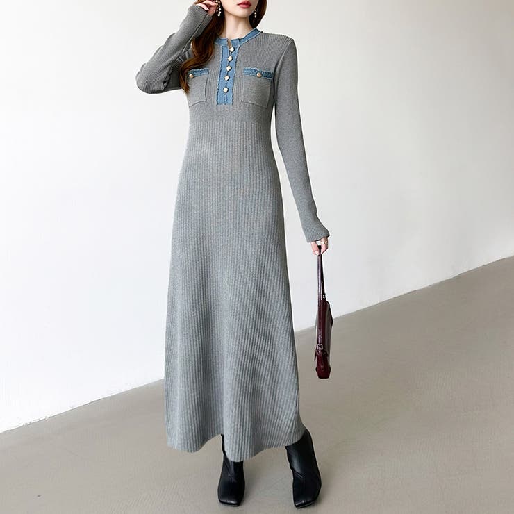 デニム切り替えニットワンピース デニムドッキング ワンピース | COCOMOMO | 詳細画像13 