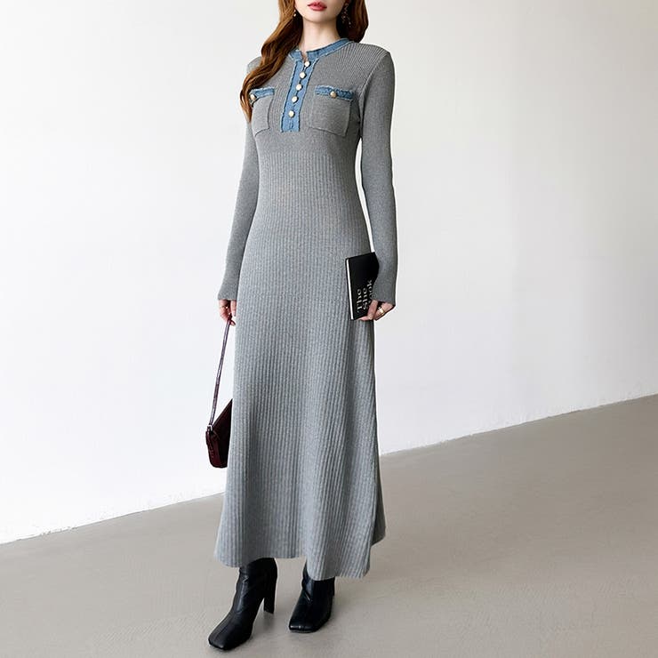 デニム切り替えニットワンピース デニムドッキング ワンピース | COCOMOMO | 詳細画像14 