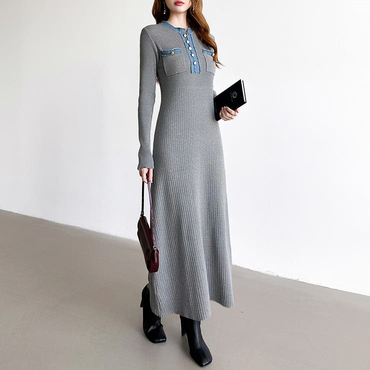 デニム切り替えニットワンピース デニムドッキング ワンピース | COCOMOMO | 詳細画像15 