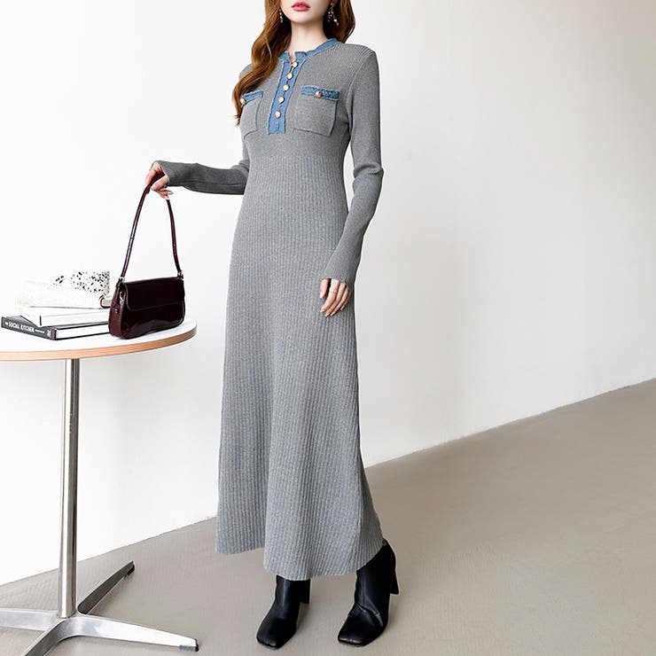 デニム切り替えニットワンピース デニムドッキング ワンピース | COCOMOMO | 詳細画像21 