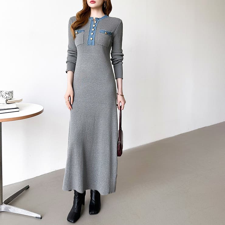 デニム切り替えニットワンピース デニムドッキング ワンピース | COCOMOMO | 詳細画像22 